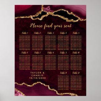 Red Gold Agate Wedding Seating Chart 12 Table Poster