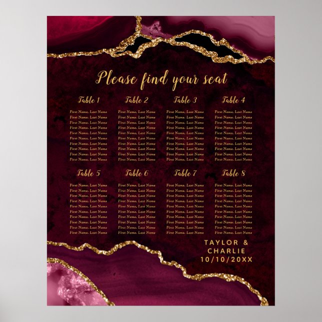 Red Gold Agate Wedding Seating Chart 8 Table Poster (Framsidan)