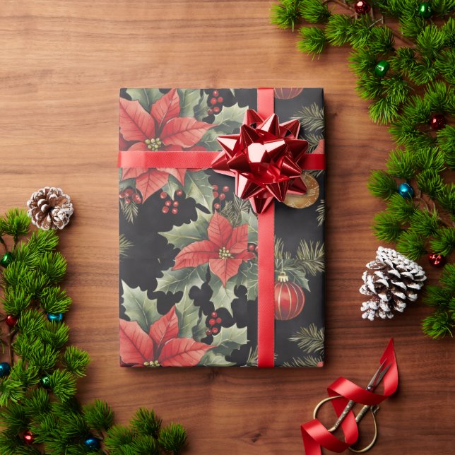 Red, Gold, Black Poinsettia Christmas | Presentpapper (Julgåva)