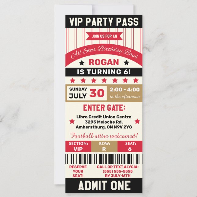 Red, Gold & Black Sports VIP Ticket Birthday Party Inbjudningar (Framsida)