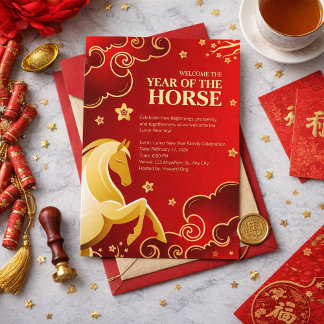 Red Gold Elegant Lunar New Year Horse Inbjudningar
