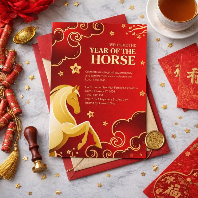 Red Gold Elegant Lunar New Year Horse Inbjudningar (Skapare uppladdad)
