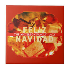 Red Gold Feliz Navidad Elegant Keepsake Christmas Kakelplatta