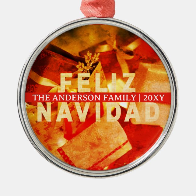 Red Gold Feliz Navidad Modern Elegant Christmas Julgransprydnad Metall (Framsidan)
