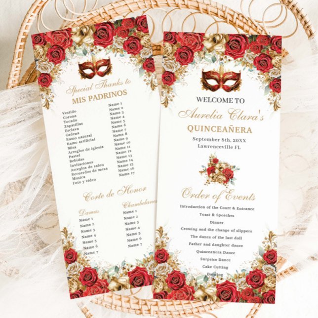 Red Gold Floral Masquerade Mask Ball Quinceanera  Program (Skapare uppladdad)