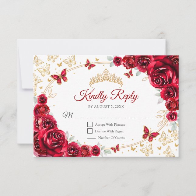 Red Gold Floral Quinceanera Reply OSA Kort (Framsida)