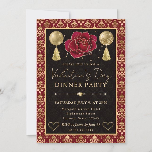 Red & Gold Heart Damask & Rose Valentine's Dinner Inbjudningar (Framsida)
