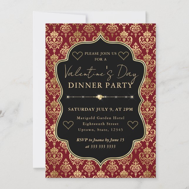 Red & Gold Heart Damask Valentine's Dinner Party Inbjudningar (Framsida)