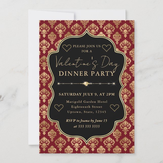 Red & Gold Heart Damask Valentine's Dinner Party Inbjudningar (Framsida)
