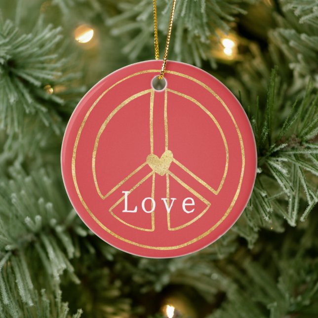 Red Gold Heart Peace Sign Love Christmas Julgransprydnad Keramik (Träd)
