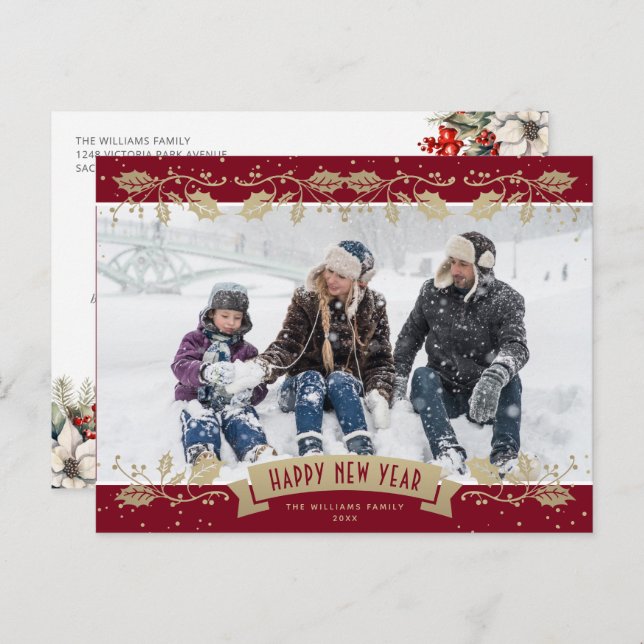 Red Gold Holly Berries Photo Happy New Year Helg Vykort (Fram/baksida)