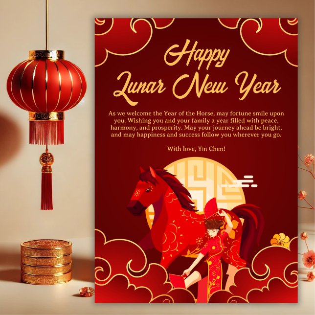 Red & Gold Horse Lunar Chinese New Year Julkort (Personalized Red & Gold Horse Lunar New Year Card)