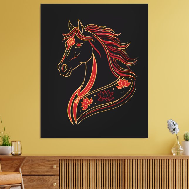 Red & Gold Horse with Lotus, Spiritual Symbolic  Canvastryck (Insitu (Vardagsrum))