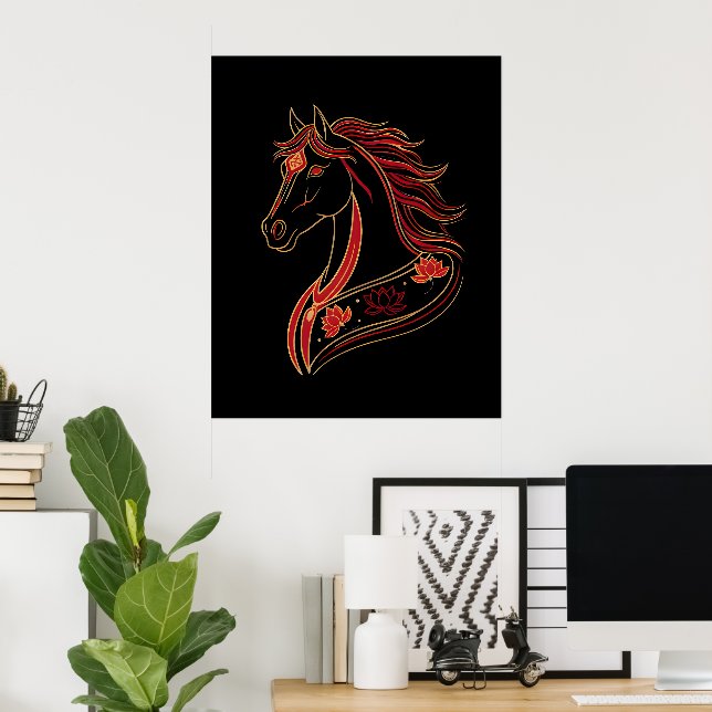 Red & Gold Horse with Lotus, Spiritual Symbolic  Poster (Hemmakontoret)