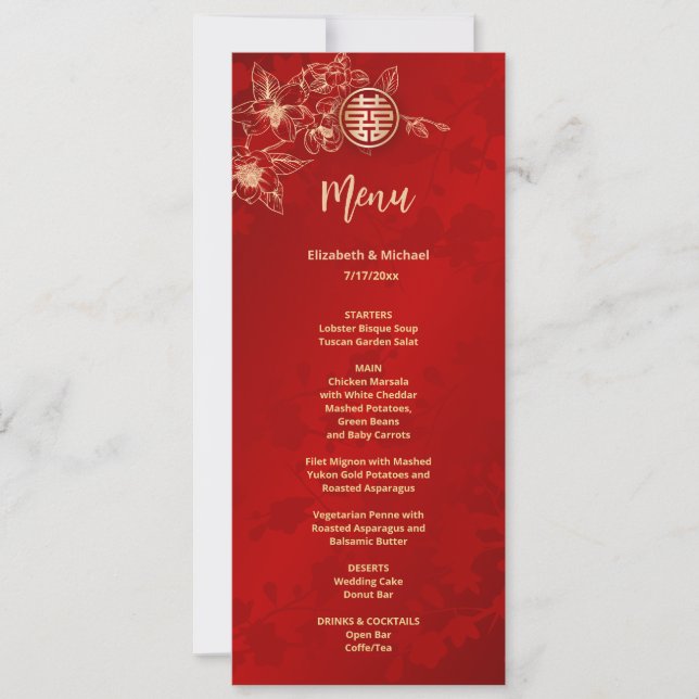 Red Gold Magnolia Chinese Wedding Menu Card Inbjudningar (Framsida)