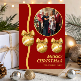 Red & Gold Ornaments Family Christmas Photo Julkort