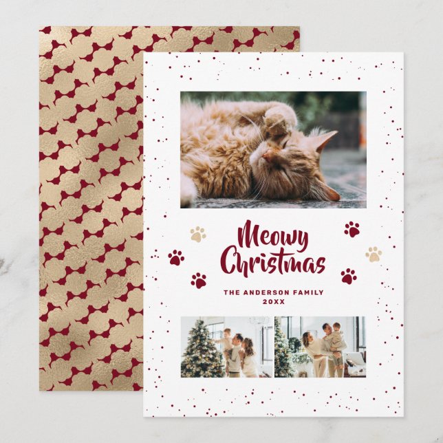 Red Gold Photo Snow Paws Meowy Christmas Card Julkort (Fram/baksida)