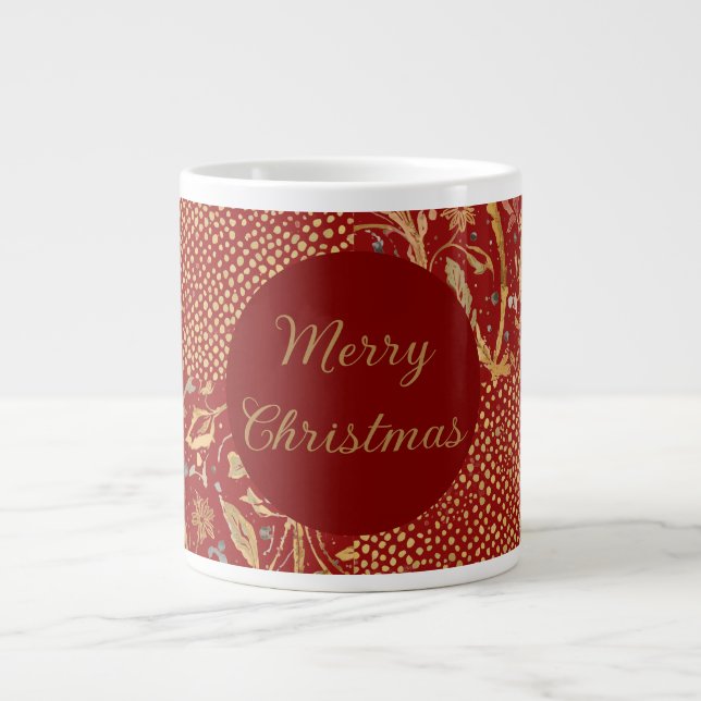 Red Gold Pixels and Flowers, Gold Merry Christmas Jumbo Mugg (Framsidan)