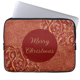 Red Gold Pixels and Flowers, Gold Merry Christmas Laptop Fodral