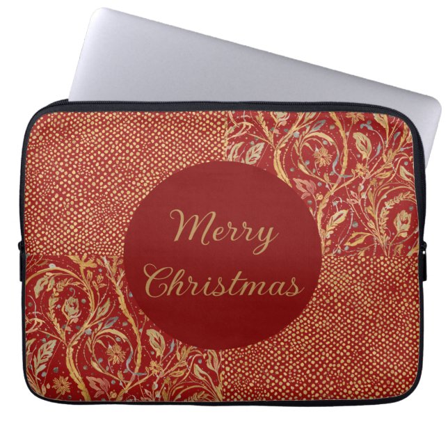 Red Gold Pixels and Flowers, Gold Merry Christmas Laptop Fodral (Framsidan)