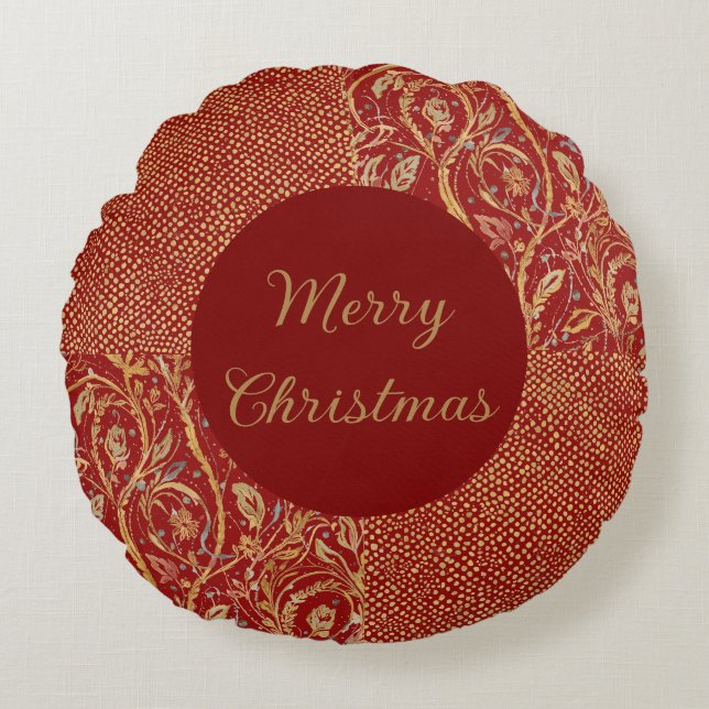 Red Gold Pixels and Flowers, Gold Merry Christmas Rund Kudde (Framsidan)