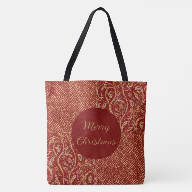 Red Gold Pixels and Flowers, Gold Merry Christmas Tygkasse (Framsida)
