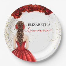 Red & Gold Quinceañera Custom Paper Plate