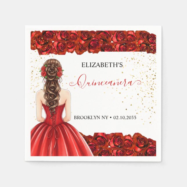 Red & Gold Quinceañera Custom Party Napkins Pappersservett (Framsidan)