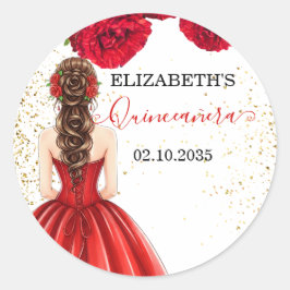 Red & Gold Quinceañera Custom Round Sticker Runt Klistermärke