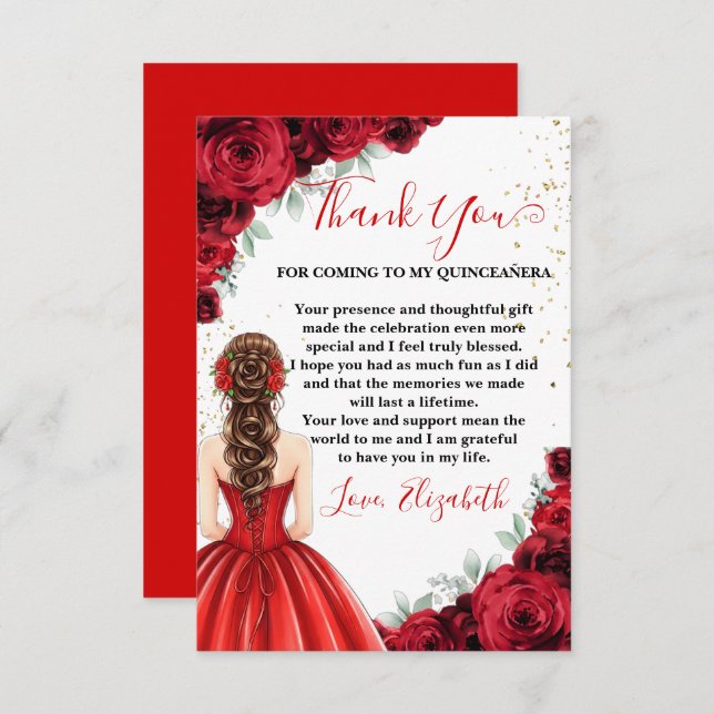 Red & Gold Quinceañera Custom Thank You Card Tack Kort (Fram/baksida)