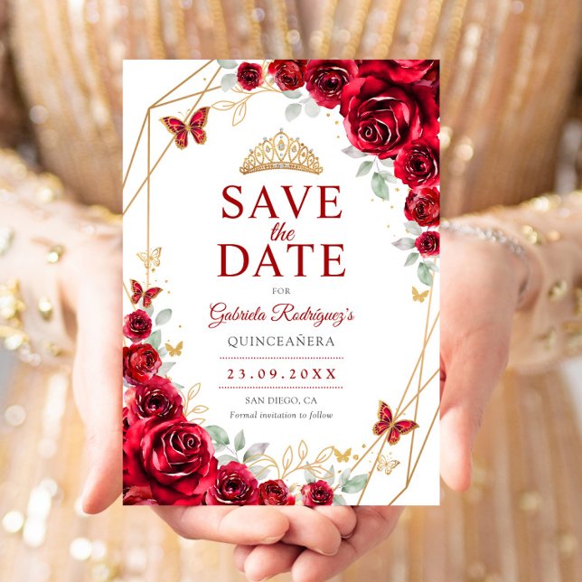 Red Gold Quinceanera Floral Spara Datumet (Skapare uppladdad)