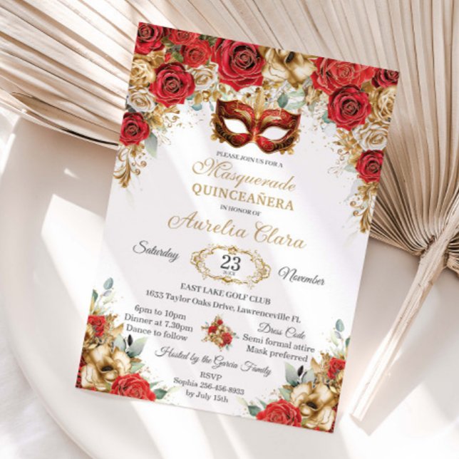 Red Gold Roses Floral Masquerade Ball Quinceanera  Inbjudningar (Skapare uppladdad)