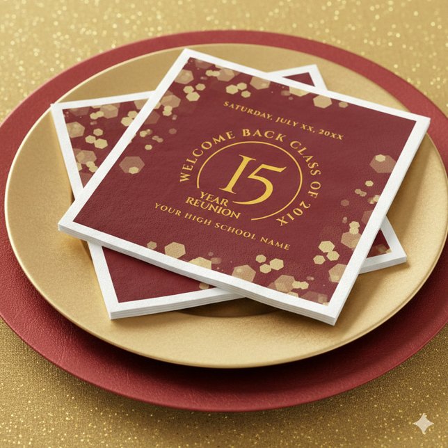Red & Gold School Class Reunion Pappersservett (Elegant 15-Year Class Reunion Red and Gold Glitter Napkins Cover Photo)
