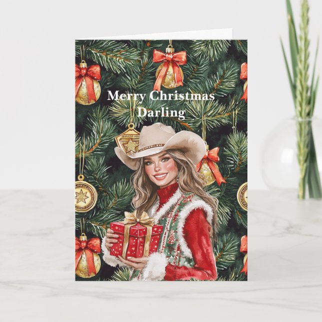 Red Gold Western Cowgirl Christmas  Kort (Framsida)