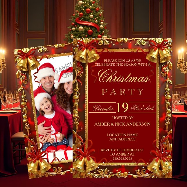 Red Gold Xmas Bells Photo Christmas Holiday Party Inbjudningar (Skapare uppladdad)