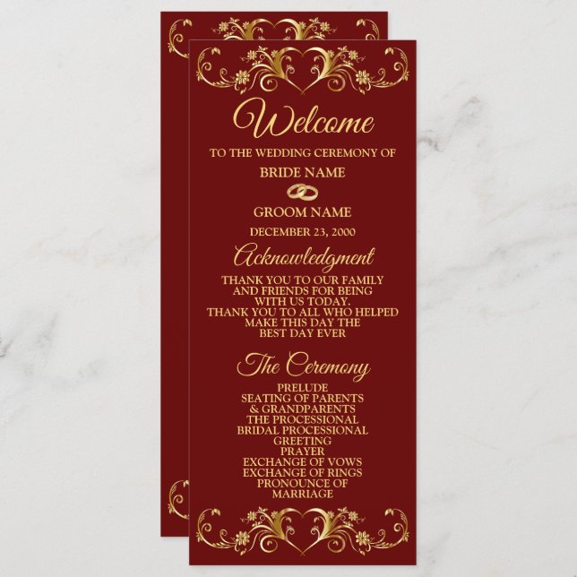 Red Golden Geometric Elegant Wedding  Program (Fram/baksida)