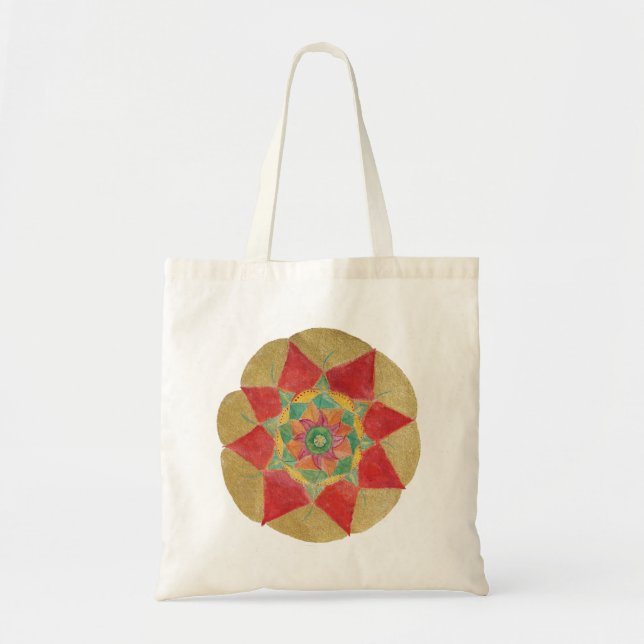 Red Golden Hand målade Mandala Budget Tote Tygkasse (Framsidan)