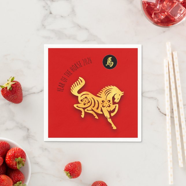 Red Golden Horse Papercut Chinese New Year 2026 N Pappersservett (Insitu)
