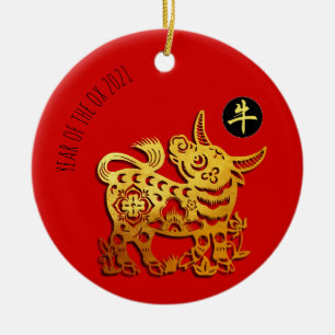 Red Golden Ox Papercut Chinese New Year 2021 CRO Julgransprydnad Keramik