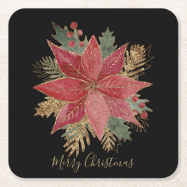 Red Golden Poinsettia Flower God jul Underlägg Papper Kvadrat