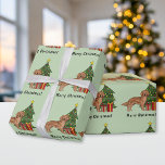 Red Golden Retriever Cute Hund och Julgran Presentpapper<br><div class="desc">Desteis ursprungliga tecknad illustration av en söt röd jackar färg Golden Retriever-hund. Hund står vid ett festligt Julgran med röda prydnadsföremål och gult, en vit pärlträdgård och en gult stjärna på träd. Det finns också två inslagna presenter vid träd och det finns ett textområde som nu lyder: "God jul!". Bakgrunden...</div>