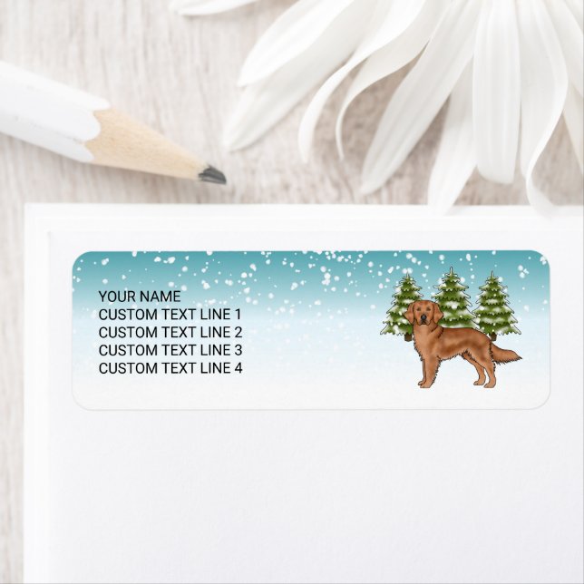 Red Golden Retriever Hund Blue Winter jul Returadress Etikett (Insitu)