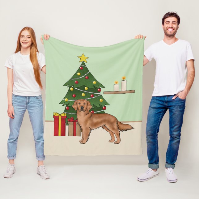 Red Golden Retriever med Grönt Julgran Fleecefilt (På plats)