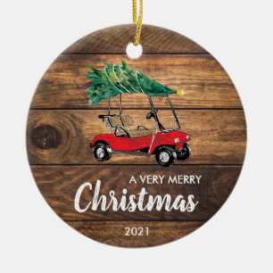 Red Golf Cart med Träd julprydnad Julgransprydnad Keramik