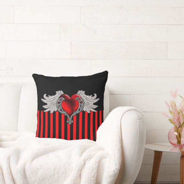 Red Goth Heart med Angel Vingar Dekorativ kudde (Soffa)