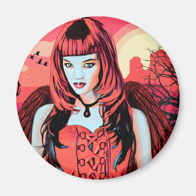 Red Gothic Angel-kvinna i Desert Original Art Magnet (Framsidan)