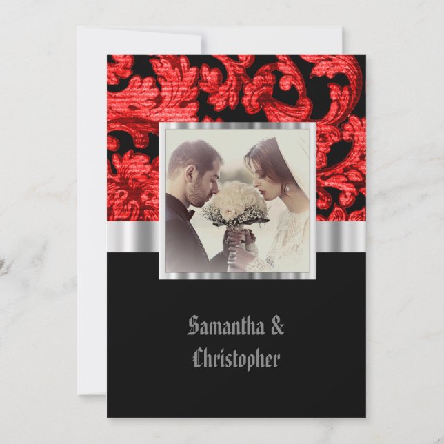 Red Gothic damask wedding photo invitation Inbjudningar (Baksida)