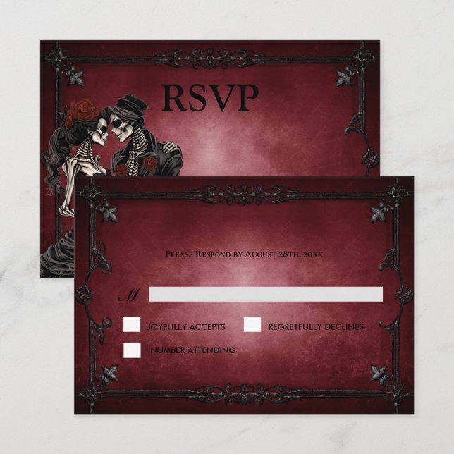 Red Gothic Halloween Alternative Wedding RSVP Card OSA Kort (Fram/baksida)