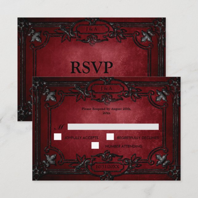 Red Gothic Halloween Alternative Wedding RSVP Card OSA Kort (Fram/baksida)