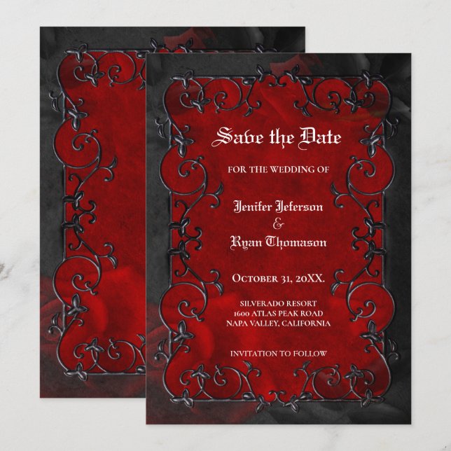 Red Gothic halloween wedding save the date Meddelande (Fram/baksida)